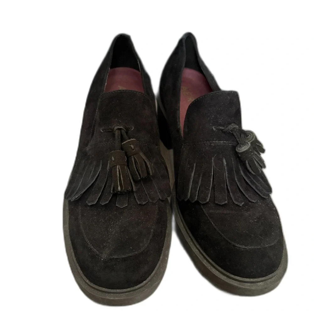 Aerosoles Gibes Black Suede Leather Tassel Chunky Block Heel Loafers Womens 11